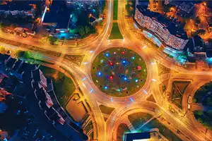 Galati Chargers Image from the drone at night above an intersection in the city of Galati
