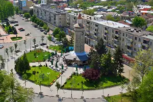 Giurgiu Charges Areal view of city center, clock tower in Giurgiu.
