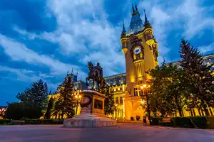 Iasi chargers Palace of Culture in Iasi at night.