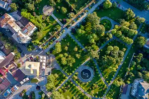 Olt chargers Flying Drone over Park. Central city park, Slatina, Romania