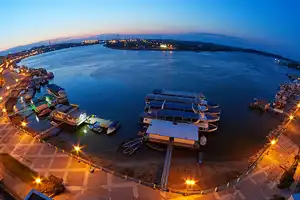 Tulcea wind power Aeral image of the waterfront of the city of Tulcea in Romania