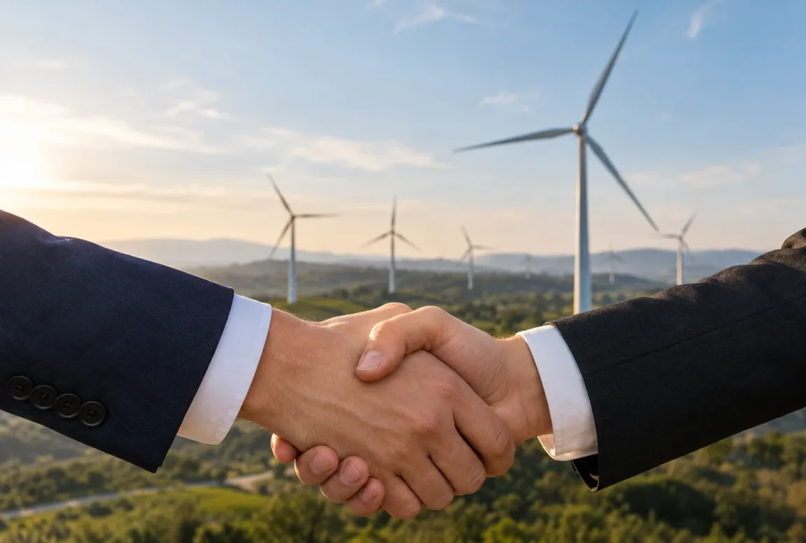 Two business people shaking hands in front of a wind farm.