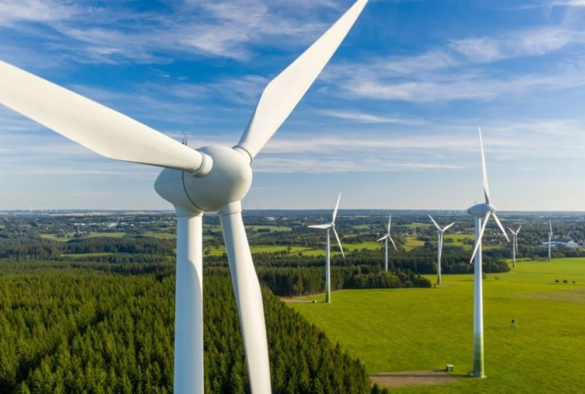 Wind turbines in green fields and forest under a blue sky.